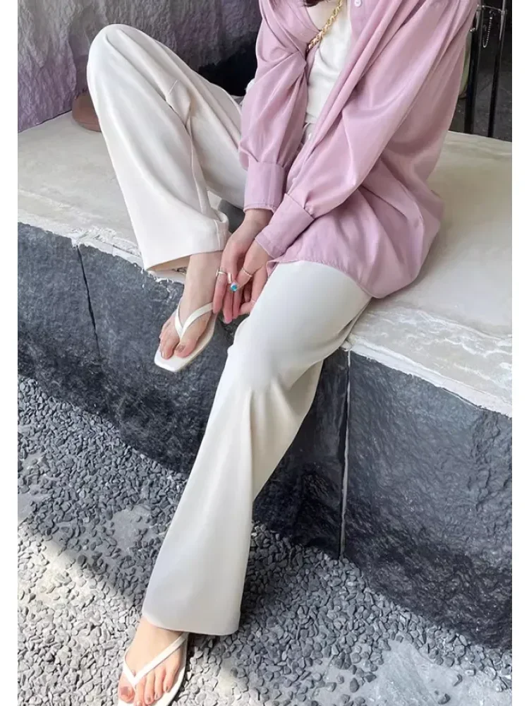 [READY STOCK]FADFAD Celana kaki lebar wanita musim semi musim panas tipis pinggang tinggi vertikal santai kurus
