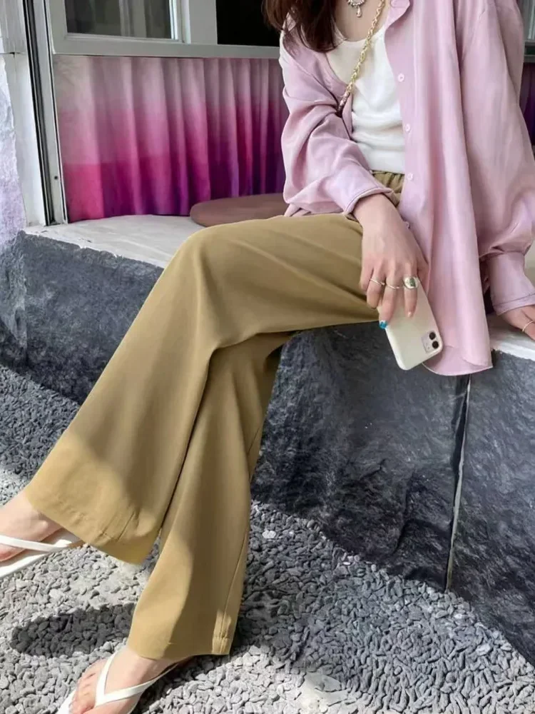 [READY STOCK]FADFAD Celana kaki lebar wanita musim semi musim panas tipis pinggang tinggi vertikal santai kurus