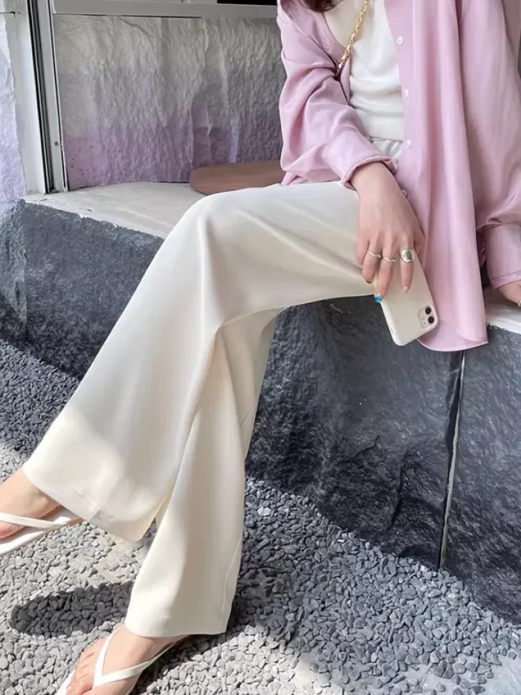 [READY STOCK]FADFAD Celana kaki lebar wanita musim semi musim panas tipis pinggang tinggi vertikal santai kurus