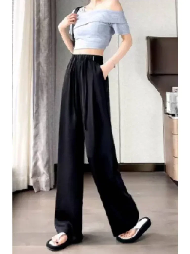[READY STOCK]FADFAD Celana kaki lebar wanita musim semi musim panas tipis pinggang tinggi vertikal santai kurus