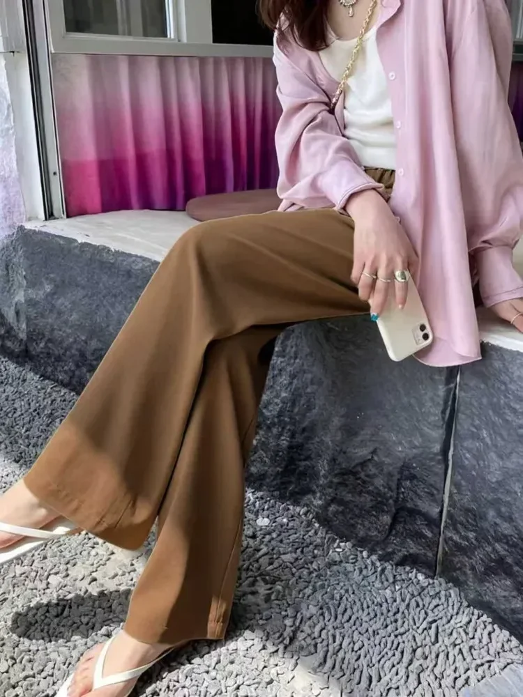 [READY STOCK]FADFAD Celana kaki lebar wanita musim semi musim panas tipis pinggang tinggi vertikal santai kurus