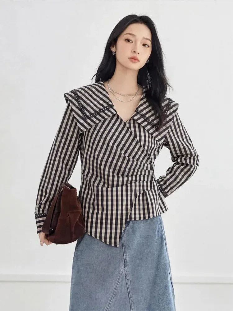 FADFAD Atasan kemeja lengan panjang kotak-kotak manis untuk wanita