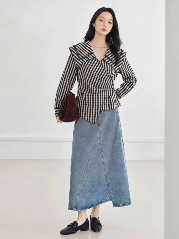FADFAD Atasan kemeja lengan panjang kotak-kotak manis untuk wanita