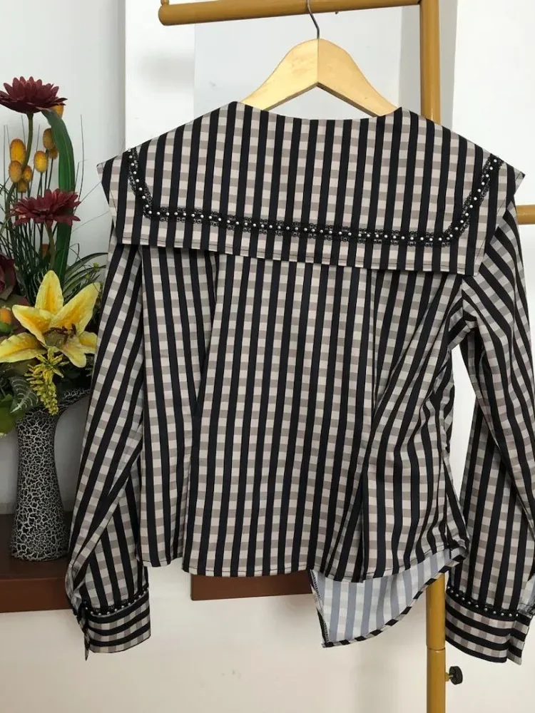 FADFAD Atasan kemeja lengan panjang kotak-kotak manis untuk wanita