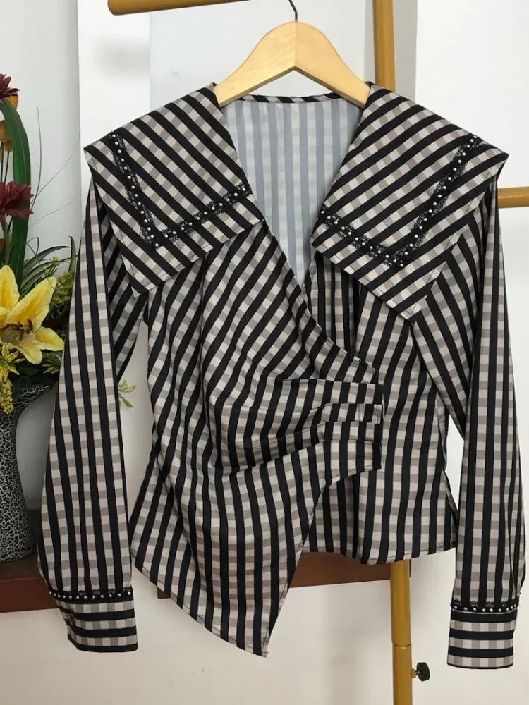 FADFAD Atasan kemeja lengan panjang kotak-kotak manis untuk wanita