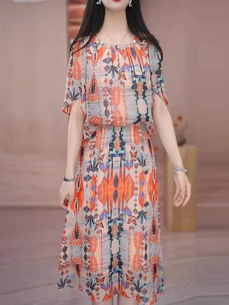 [NEW]FADFAD Gaun gaya kasual lengan pendek model rok midi motif cetak