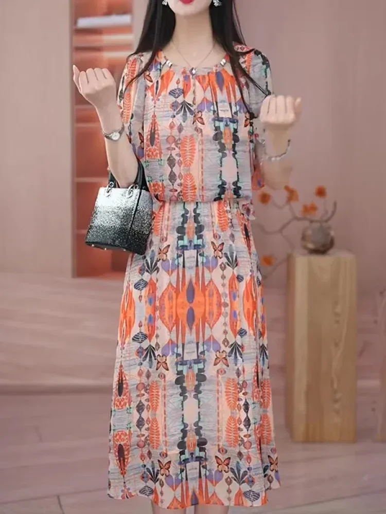 [NEW]FADFAD Gaun gaya kasual lengan pendek model rok midi motif cetak