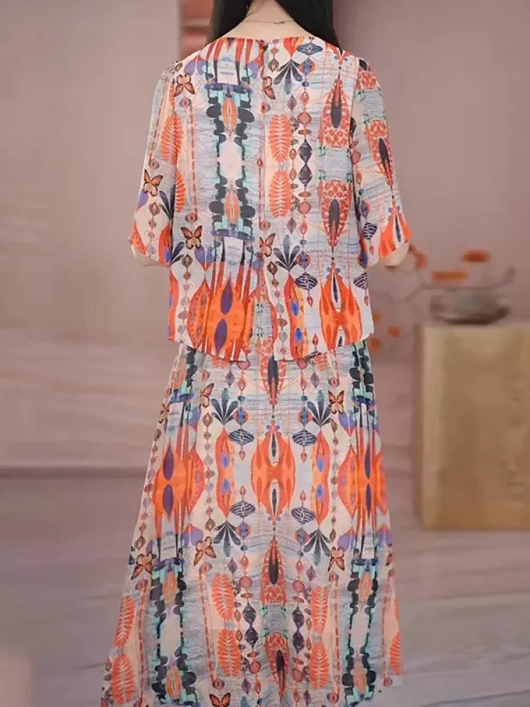 [NEW]FADFAD Gaun gaya kasual lengan pendek model rok midi motif cetak