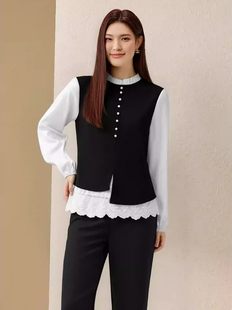 FADFAD Atasan berlapis desain dua potong lengan panjang gaya elegan untuk wanita