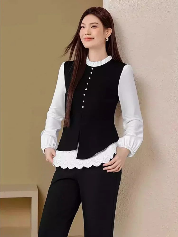 FADFAD Atasan berlapis desain dua potong lengan panjang gaya elegan untuk wanita