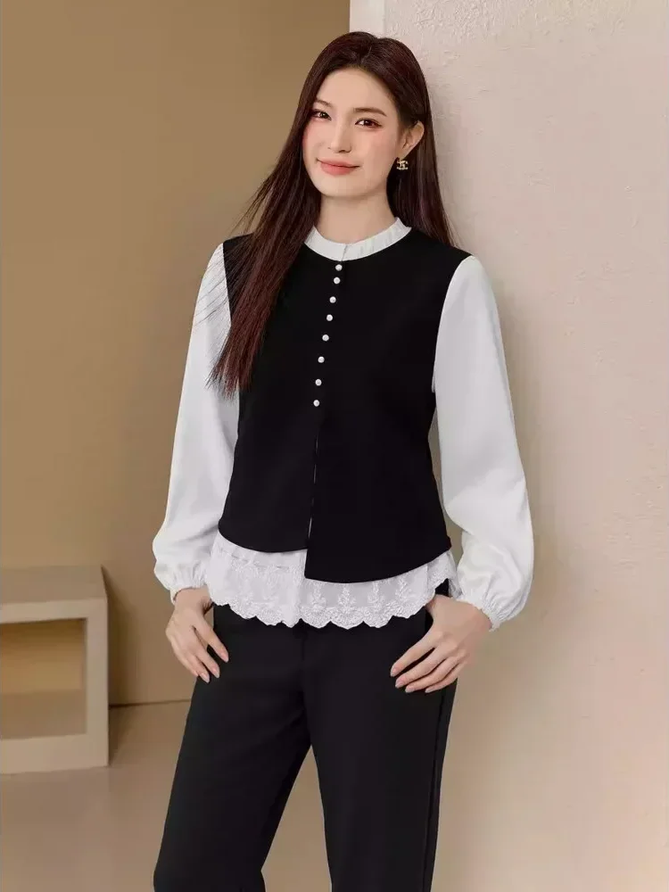 FADFAD Atasan berlapis desain dua potong lengan panjang gaya elegan untuk wanita