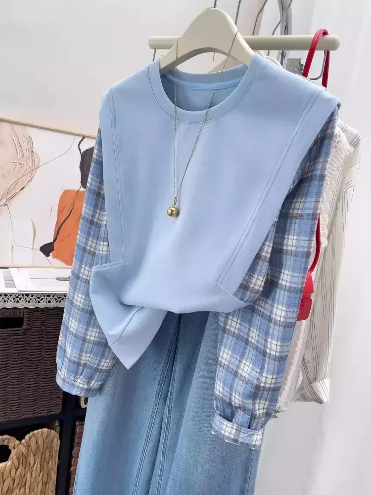 [NEW]FADFAD Atasan kemeja lengan panjang patchwork dua potong palsu gaya retro untuk wanita