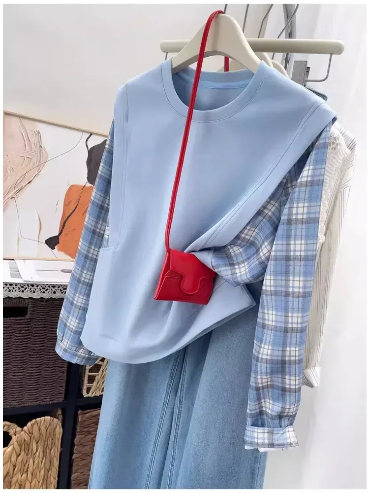 [NEW]FADFAD Atasan kemeja lengan panjang patchwork dua potong palsu gaya retro untuk wanita