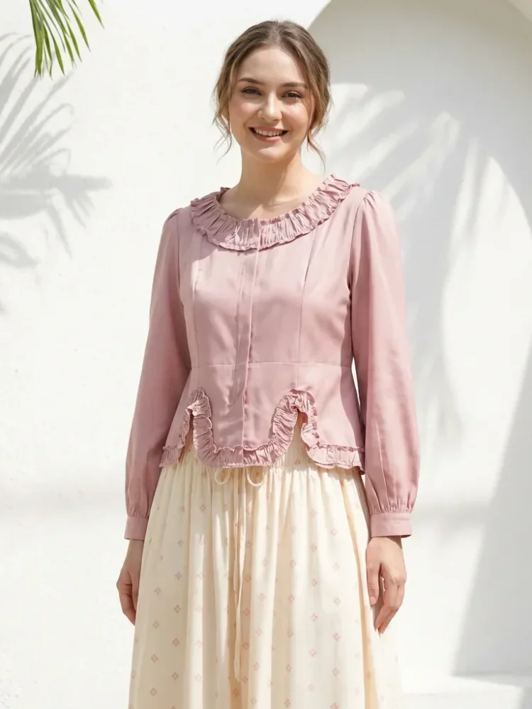 [CUCI GUDANG]CHICMORE Setelan santai terbaru, atasan lengan busa berwarna pink dan rok dengan motif cetakan manis