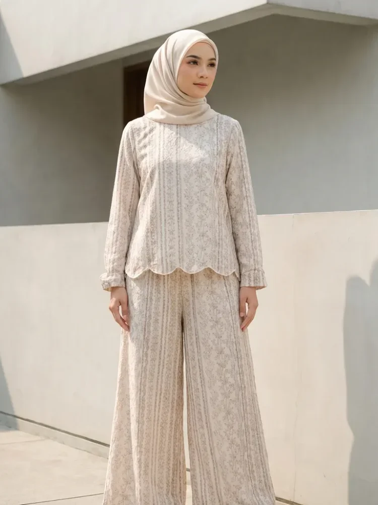 [NEW]ASAYA Atasan lengan panjang dengan desain hem tidak beraturan, set dua potong modis, dilengkapi pola cetakan unik, celana panjang trendy