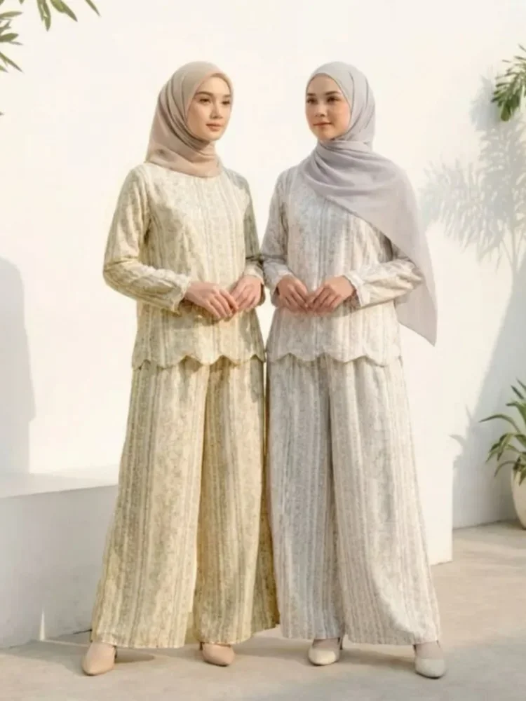 [NEW]ASAYA Atasan lengan panjang dengan desain hem tidak beraturan, set dua potong modis, dilengkapi pola cetakan unik, celana panjang trendy