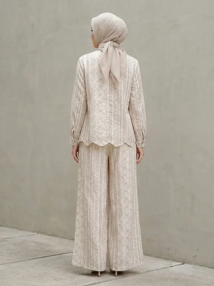 [NEW]ASAYA Atasan lengan panjang dengan desain hem tidak beraturan, set dua potong modis, dilengkapi pola cetakan unik, celana panjang trendy