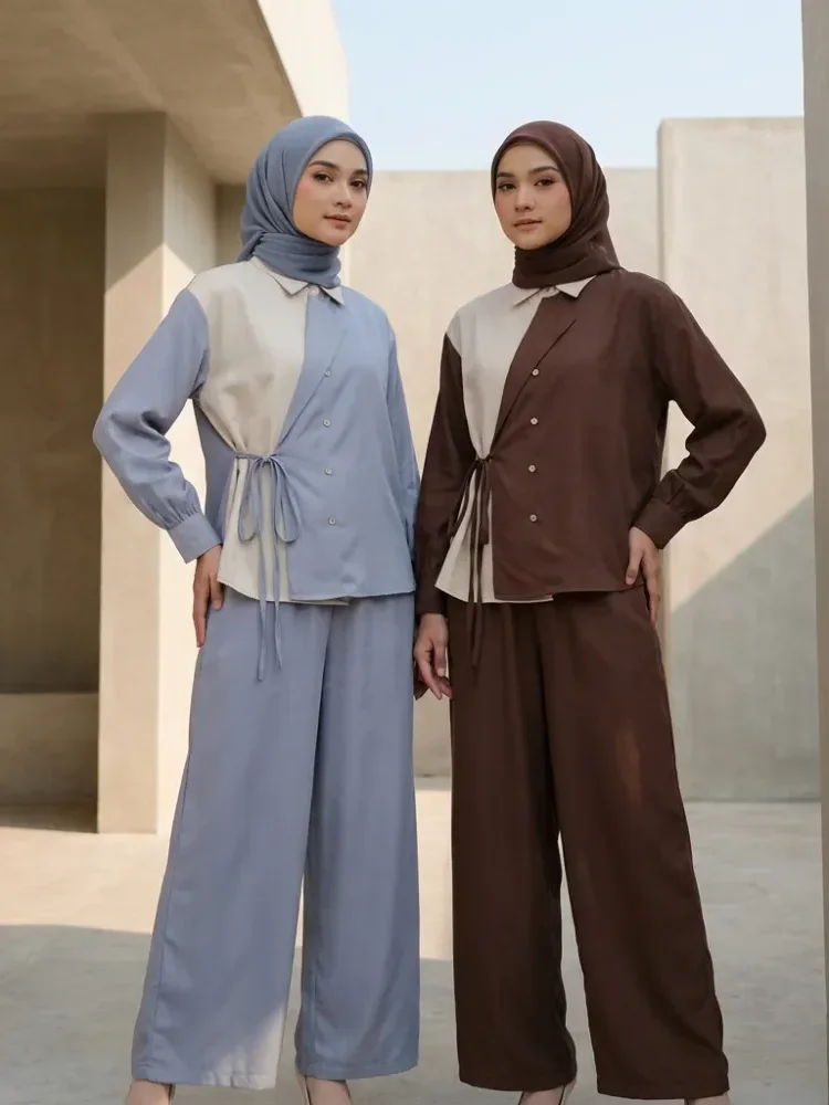 [DISKON KILAT]ASAYA Set fashion wanita berlengan panjang dengan gaya retro, desain patchwork