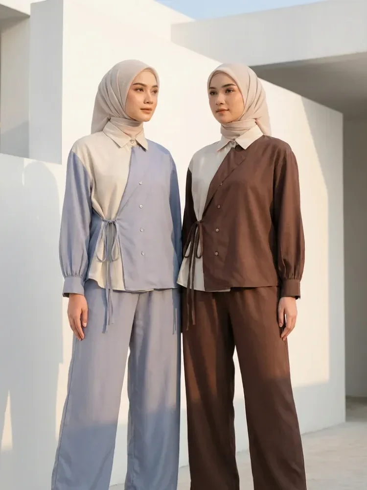 [DISKON KILAT]ASAYA Set fashion wanita berlengan panjang dengan gaya retro, desain patchwork
