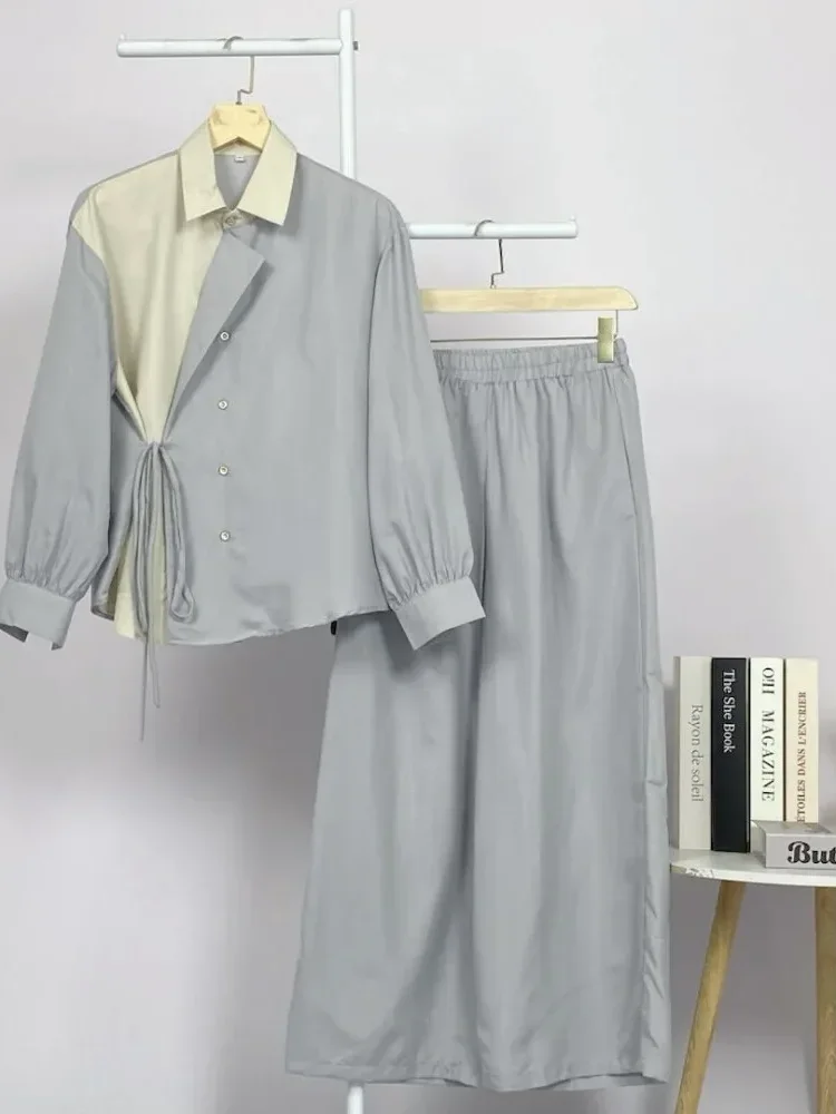 [DISKON KILAT]ASAYA Set fashion wanita berlengan panjang dengan gaya retro, desain patchwork