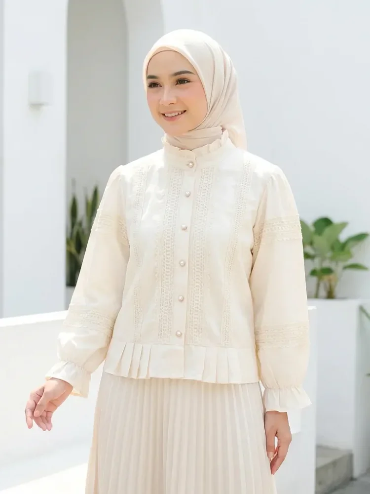 [NEW]CHICMORE Atasan kemeja longgar warna hijau cantik kancing sebaris lengan panjang untuk wanita gaya retro