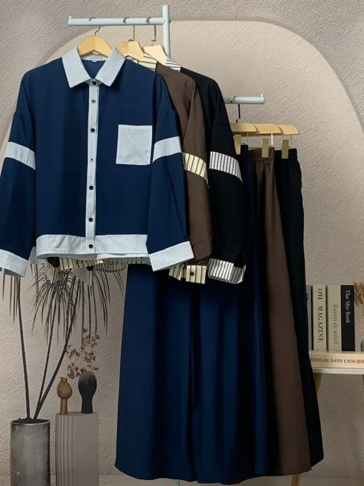 [READY STOCK]ASAYA Setelan dua potong wanita baru, kemeja tambal sulam bergaris dan celana panjang