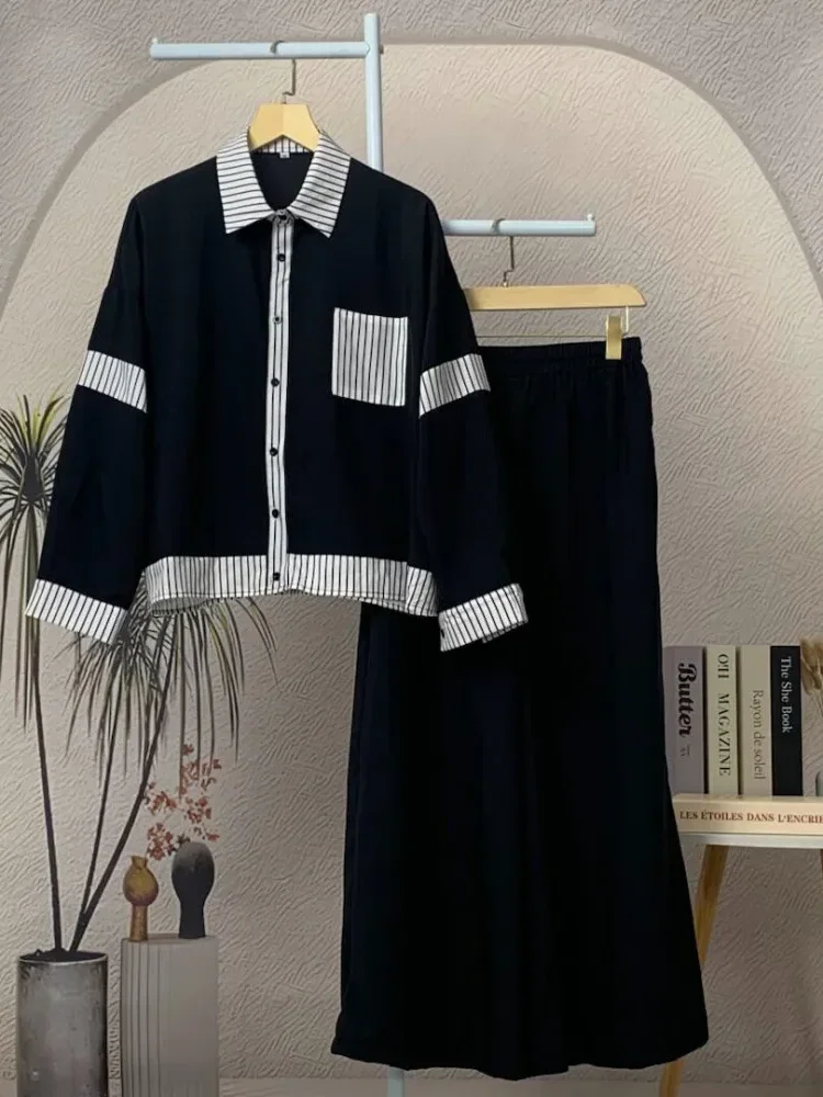 [READY STOCK]ASAYA Setelan dua potong wanita baru, kemeja tambal sulam bergaris dan celana panjang