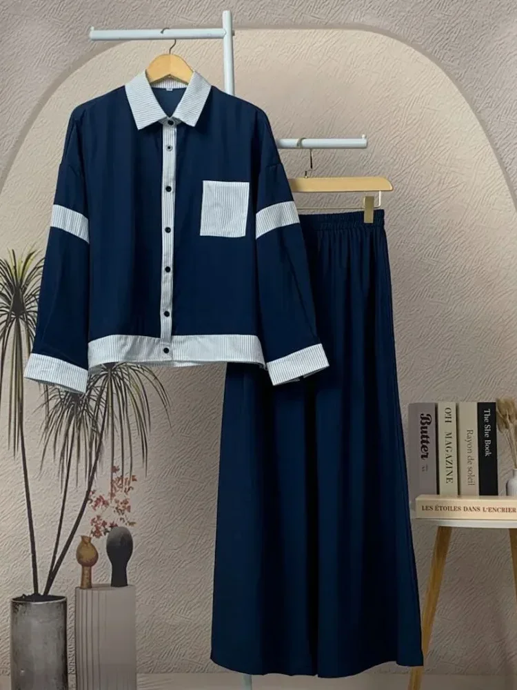 [READY STOCK]ASAYA Setelan dua potong wanita baru, kemeja tambal sulam bergaris dan celana panjang