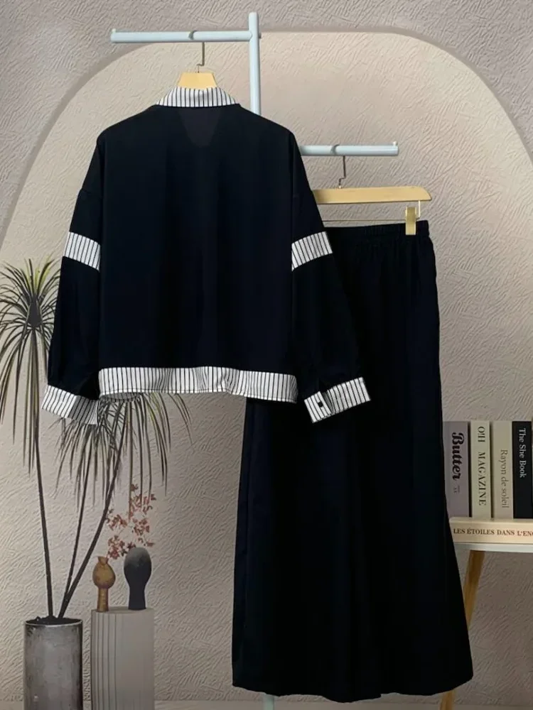 [READY STOCK]ASAYA Setelan dua potong wanita baru, kemeja tambal sulam bergaris dan celana panjang