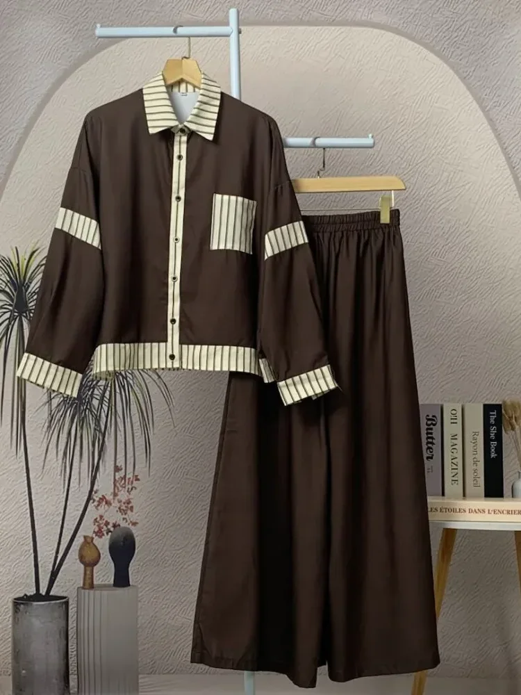 [READY STOCK]ASAYA Setelan dua potong wanita baru, kemeja tambal sulam bergaris dan celana panjang