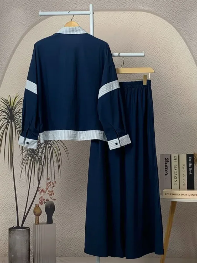 [READY STOCK]ASAYA Setelan dua potong wanita baru, kemeja tambal sulam bergaris dan celana panjang