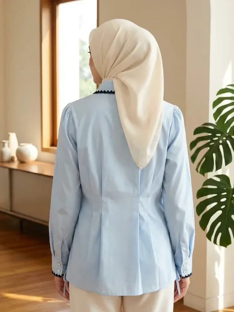 [READY STOCK]ASAYA Blus wanita lengan panjang yang modis dengan hiasan renda dan garis lipatan yang unik