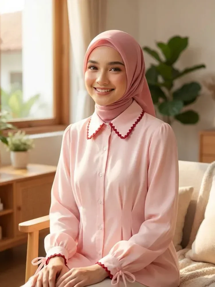 [READY STOCK]ASAYA Blus wanita lengan panjang yang modis dengan hiasan renda dan garis lipatan yang unik