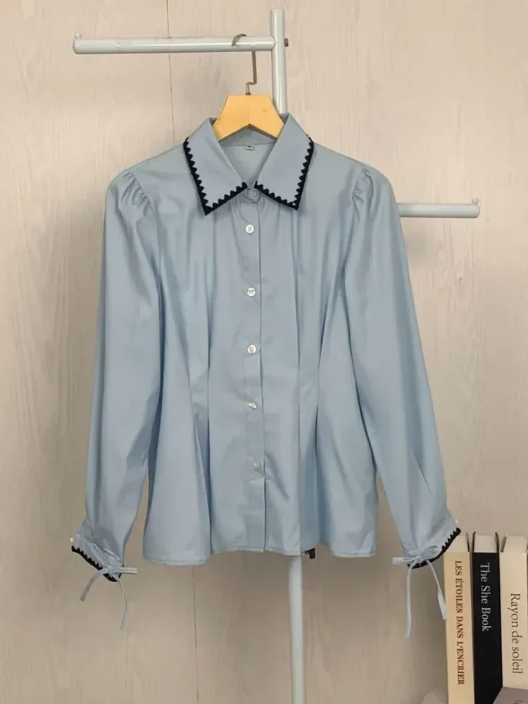 [READY STOCK]ASAYA Blus wanita lengan panjang yang modis dengan hiasan renda dan garis lipatan yang unik