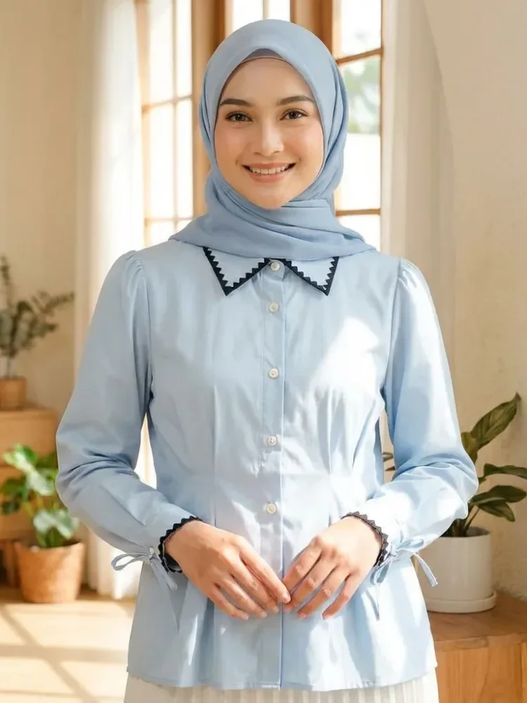 [READY STOCK]ASAYA Blus wanita lengan panjang yang modis dengan hiasan renda dan garis lipatan yang unik