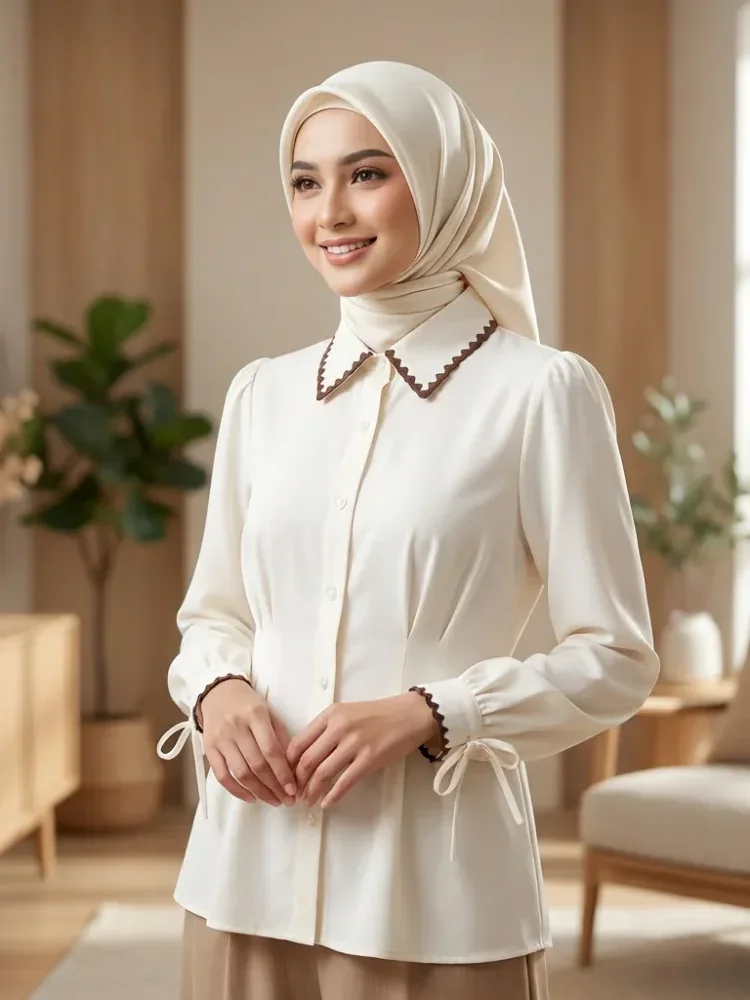 [READY STOCK]ASAYA Blus wanita lengan panjang yang modis dengan hiasan renda dan garis lipatan yang unik