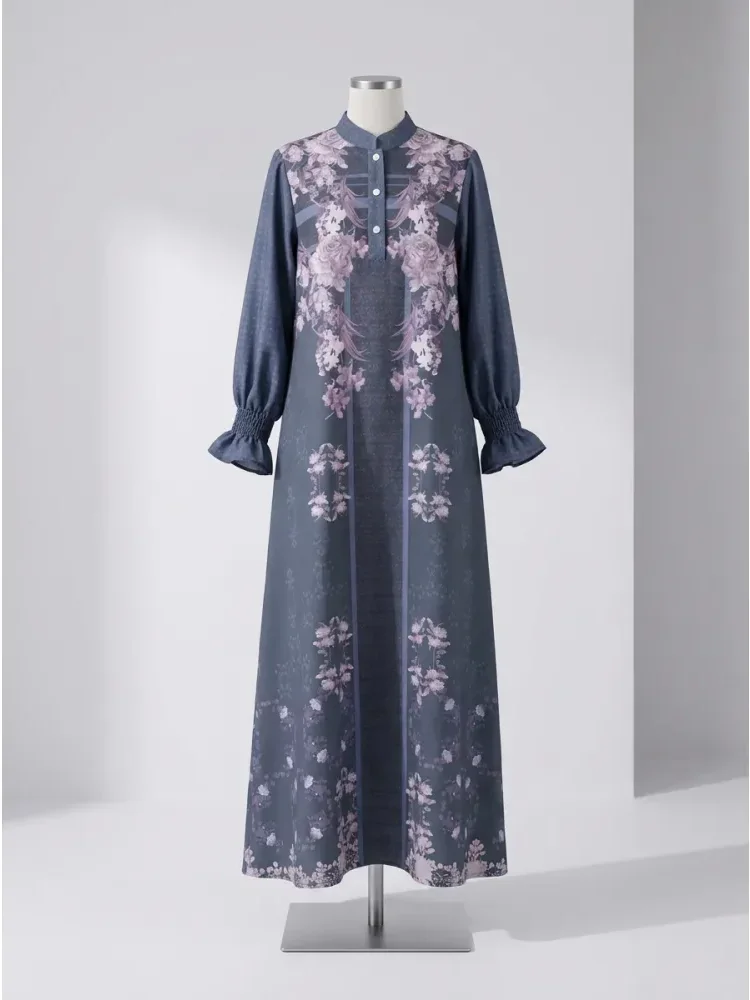 ASAYA Gaun elegan dengan motif posisi mode lengan panjang