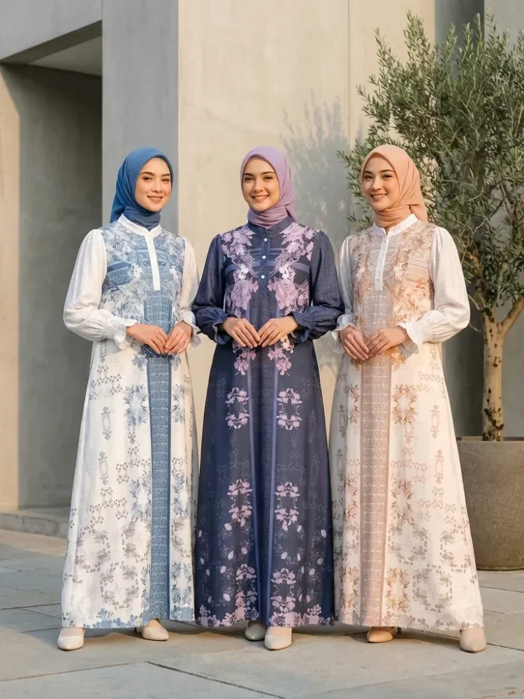 ASAYA Gaun elegan dengan motif posisi mode lengan panjang