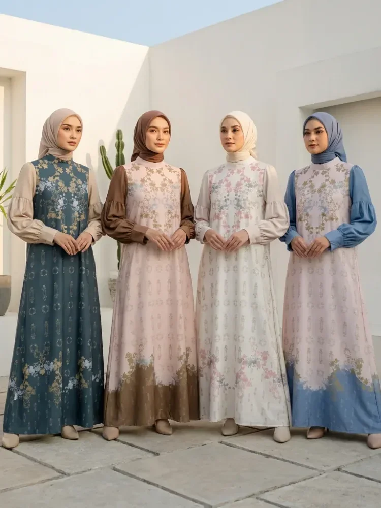 ASAYA Gaun elegan dengan motif posisi mode lengan panjang