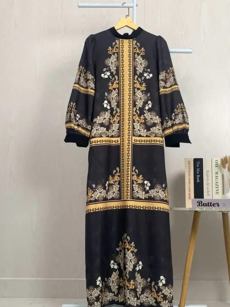 ASAYA Gaun elegan dengan motif posisi mode lengan panjang