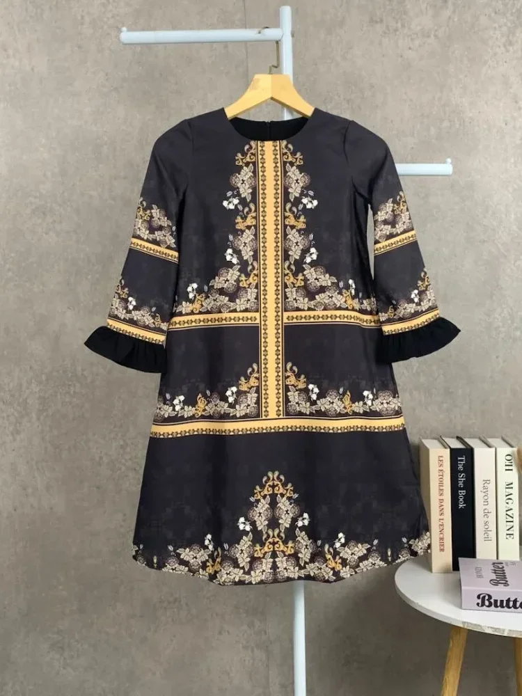 ASAYA Gaun elegan dengan motif posisi mode lengan panjang