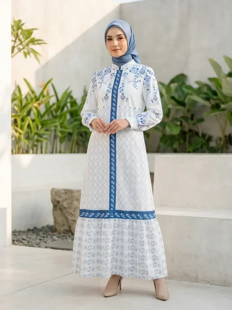 ASAYA Gamis ibu dan anak motif bunga biru putih terbaru