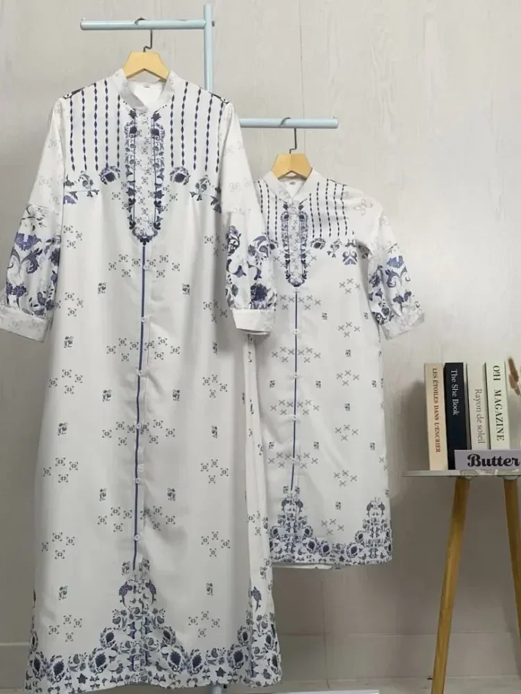 ASAYA Gamis ibu dan anak motif bunga biru putih terbaru
