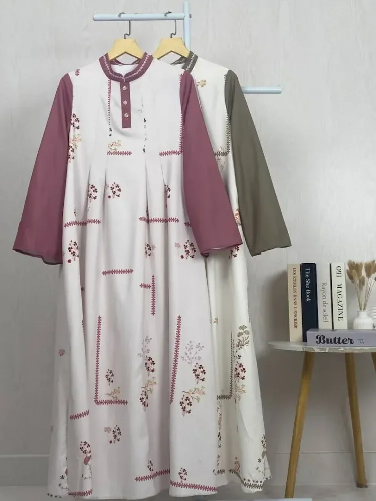 ASAYA Gaun elegan dengan motif posisi mode lengan panjang