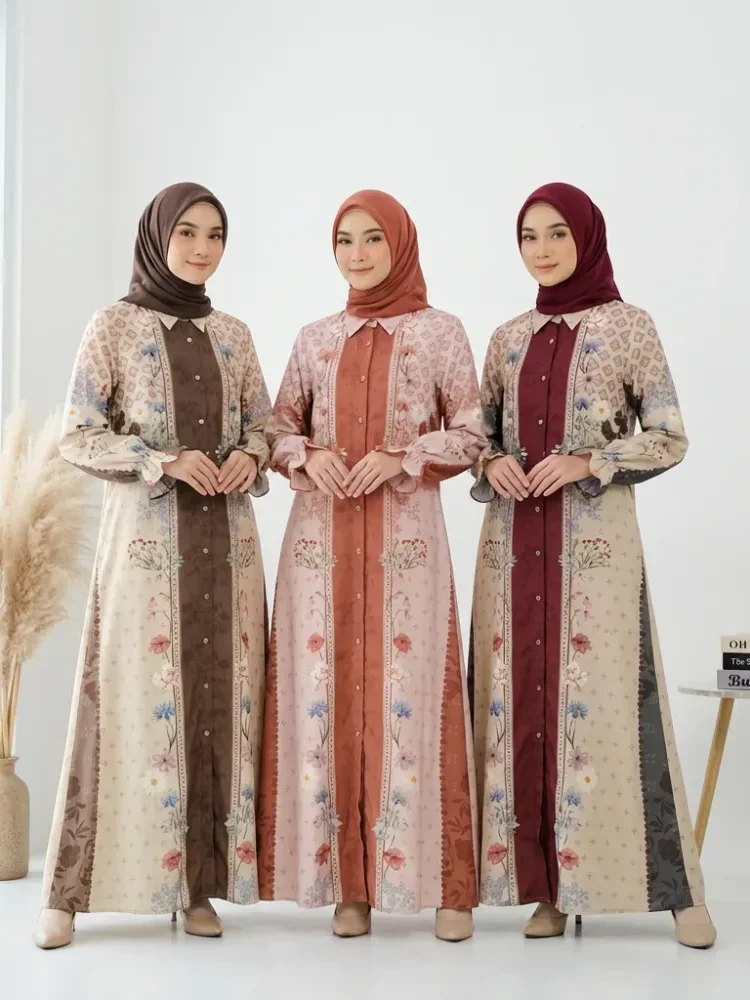 ASAYA Gaun elegan dengan motif posisi mode lengan panjang