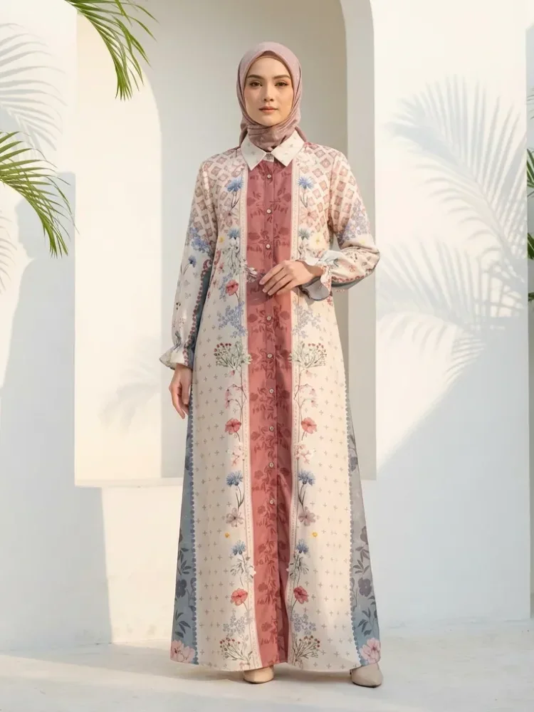 ASAYA Gaun elegan dengan motif posisi mode lengan panjang