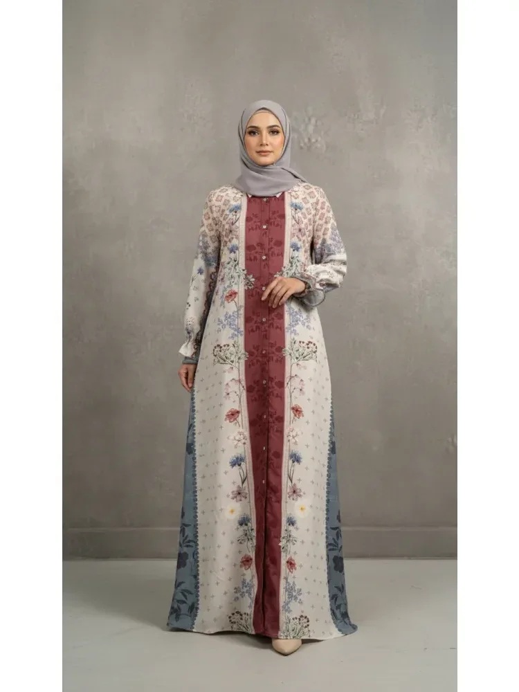 ASAYA Gaun elegan dengan motif posisi mode lengan panjang