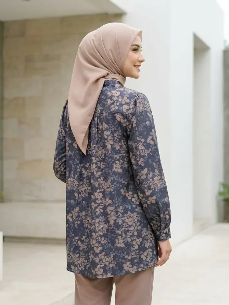 ASAYA Atasan kemeja lengan panjang  elegan longgar kasual cetak