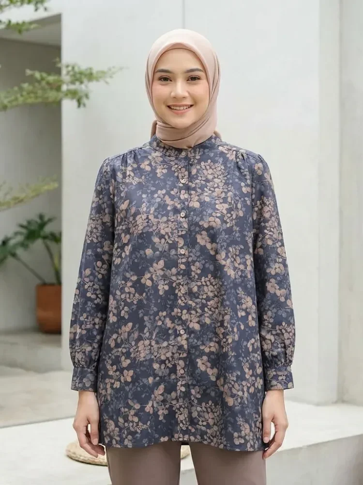 ASAYA Atasan kemeja lengan panjang  elegan longgar kasual cetak