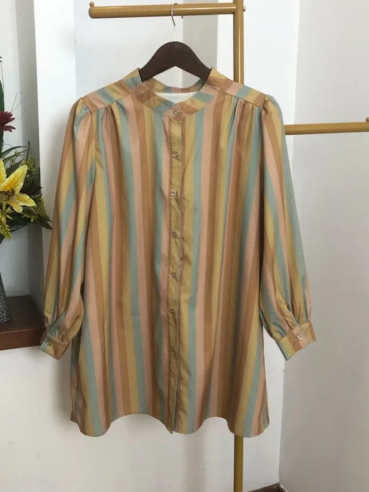 ASAYA Atasan kemeja lengan panjang elegan longgar kasual cetak